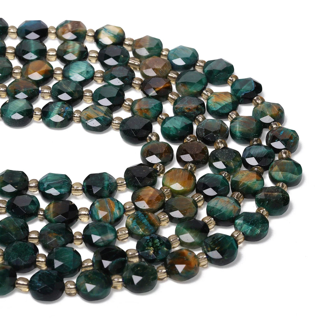 Green tiger eye natural stone faceted coin beads in strands