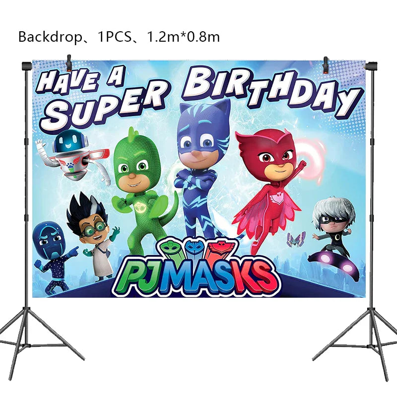 Rectangular PJ Masks themed party backdrop with birthday greeting on a stand