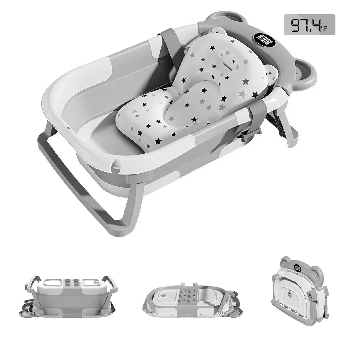 Collapsible grey and white baby bathtub with floating star patterned cushion and digital thermometer