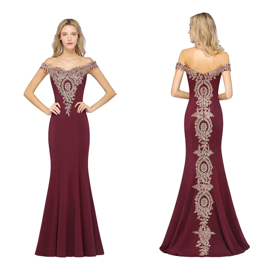 Burgundy mermaid formal gown with gold lace embroidery and off-shoulder neckline