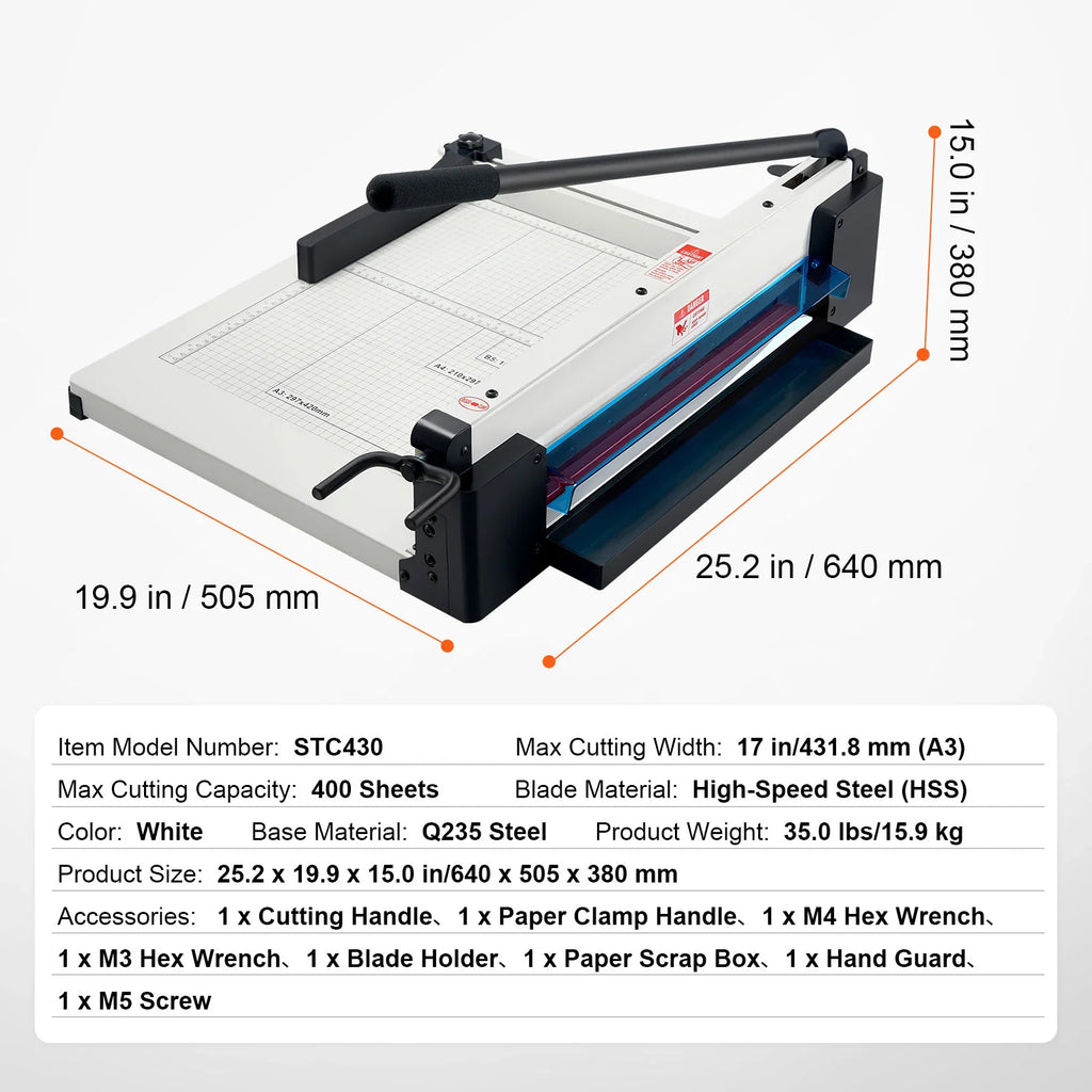 White and black industrial paper cutter with measurements displayed on a white background.