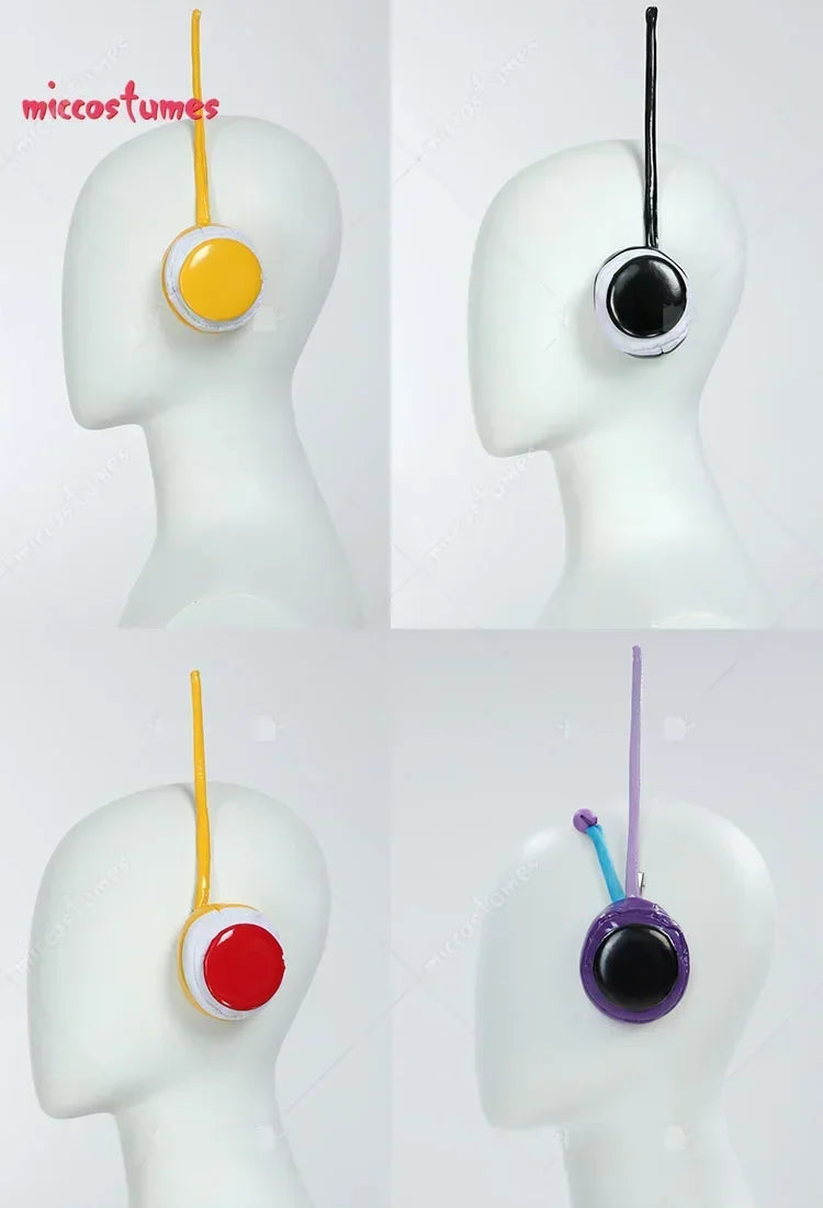Four variations of circular cosplay headphones with antennas on mannequin heads in yellow, black, red, and violet