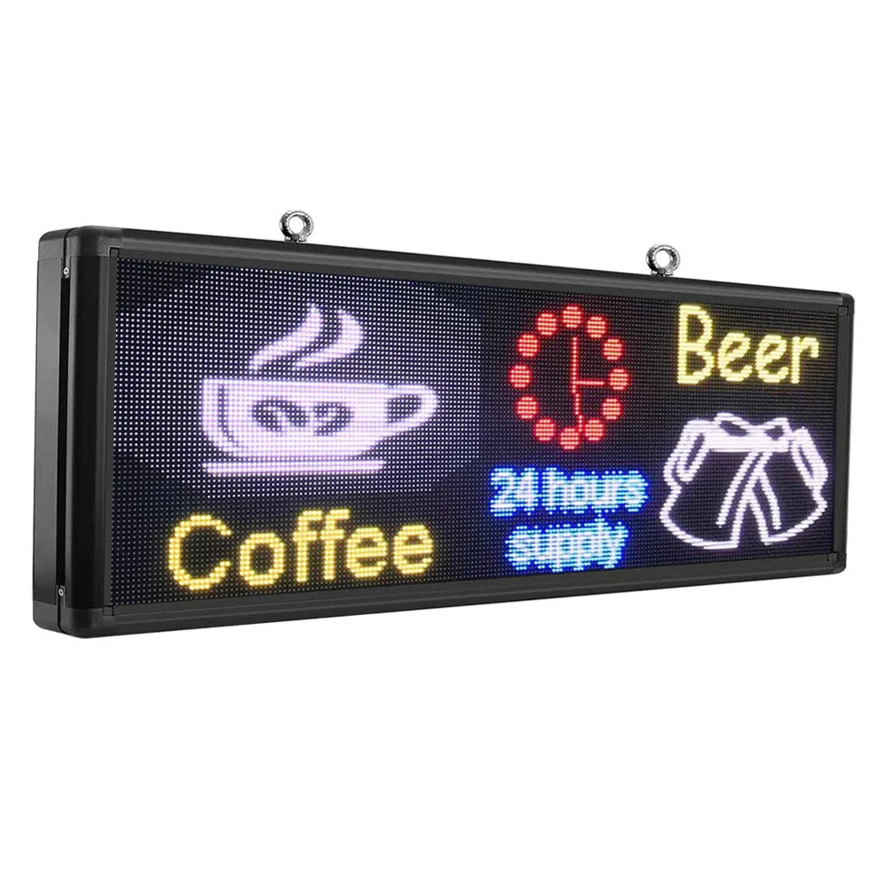 Rectangular programmable LED advertising screen showing coffee and beer icons with text