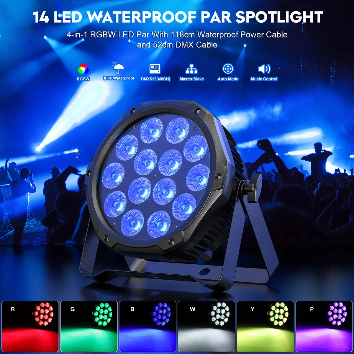 Waterproof LED stage spotlight showing color modes and technical features in a club setting