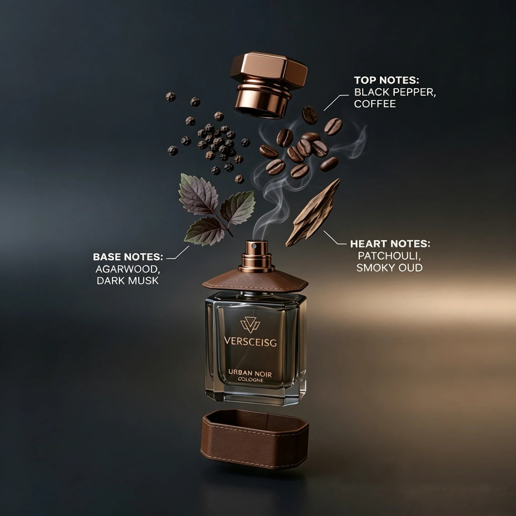 A conceptual product display showing the ingredients and components of a men's cologne bottle floating in the air.