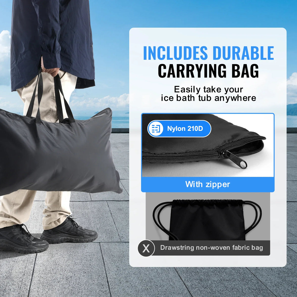 Man carrying a portable ice bath tub in a black nylon carrying bag