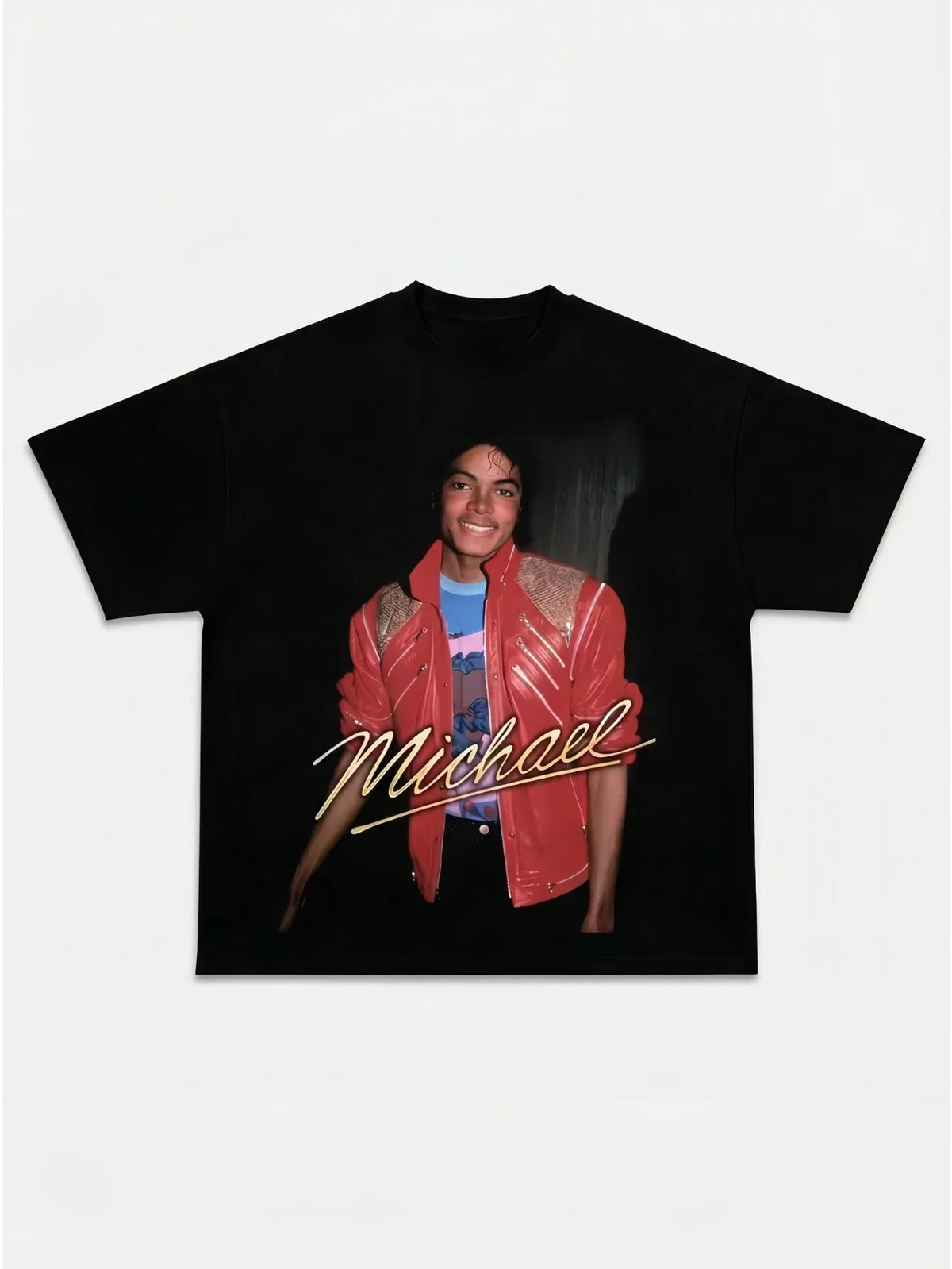 Unisex Michael Jackson rapper-themed printed t-shirt with a graphic of Michael Jackson in a red jacket