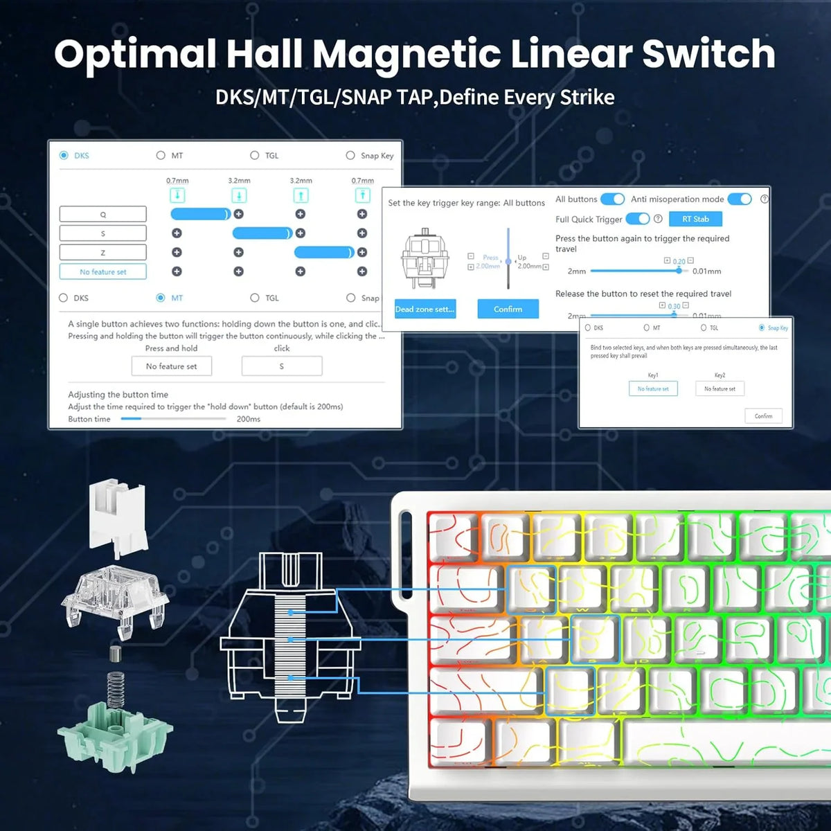 Diagram showing the internal Hall effect magnetic switch mechanism and key configuration software interface.