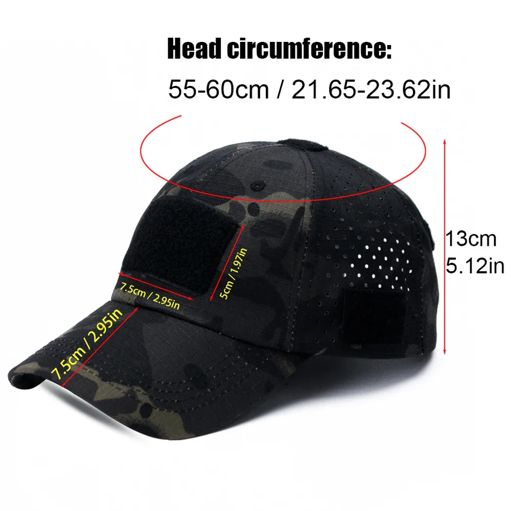 Black camouflage tactical cap with overlaid sizing information and measurements