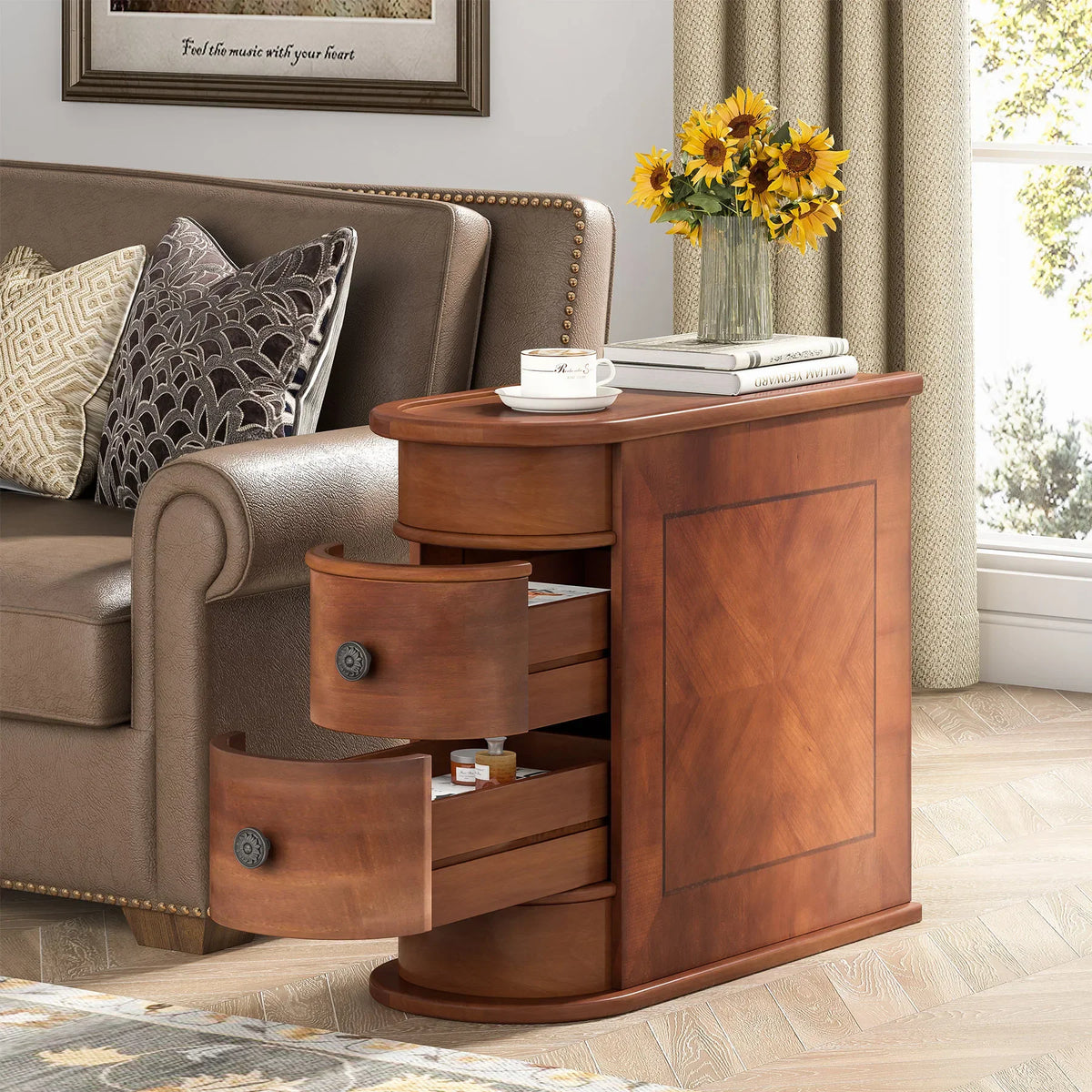 Tribesigns narrow end table with two drawers in a wood finish placed next to a sofa.