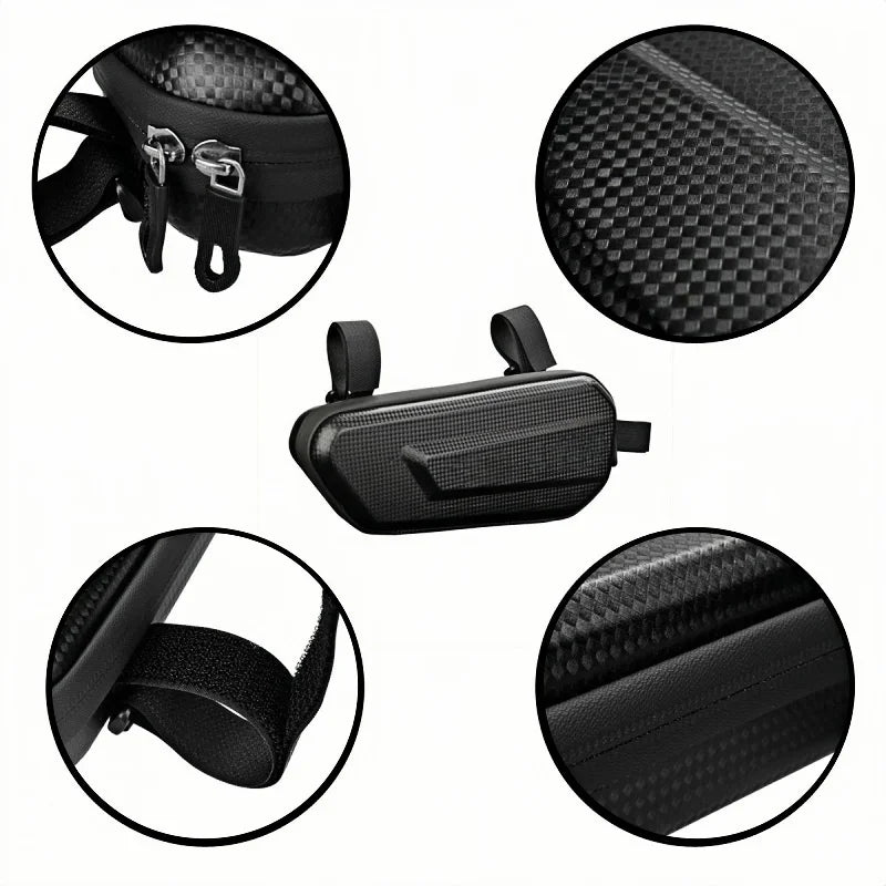 Detail views of zipper, texture, mounting strap, and casing of a motorcycle storage bag