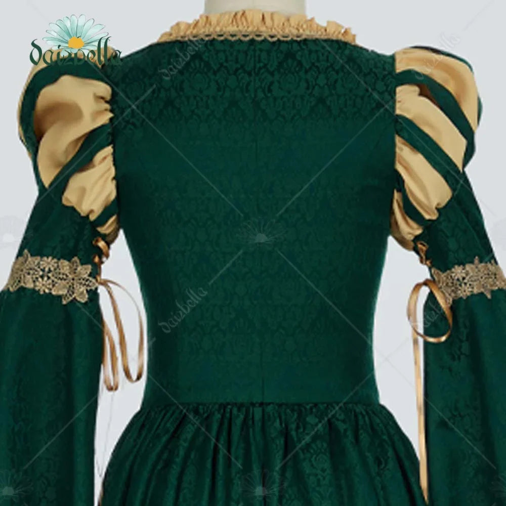Close up of the back of a green medieval renaissance dress with beige sleeve inserts