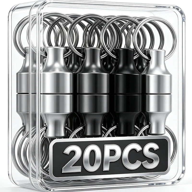 A set of twenty magnetic keychains with metal rings in a clear storage case.