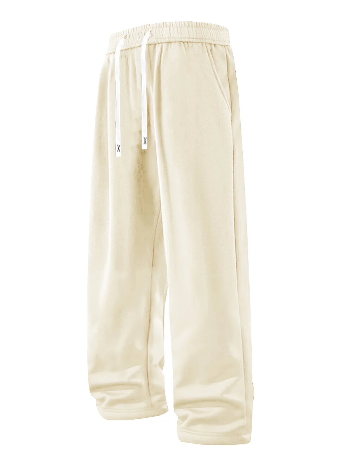 Beige loose drawstring sports pants with straight leg fit.