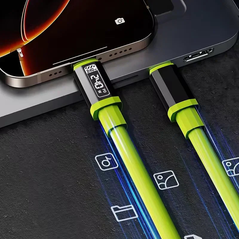 Green USB-C cable with digital power display plugged into a smartphone and laptop.