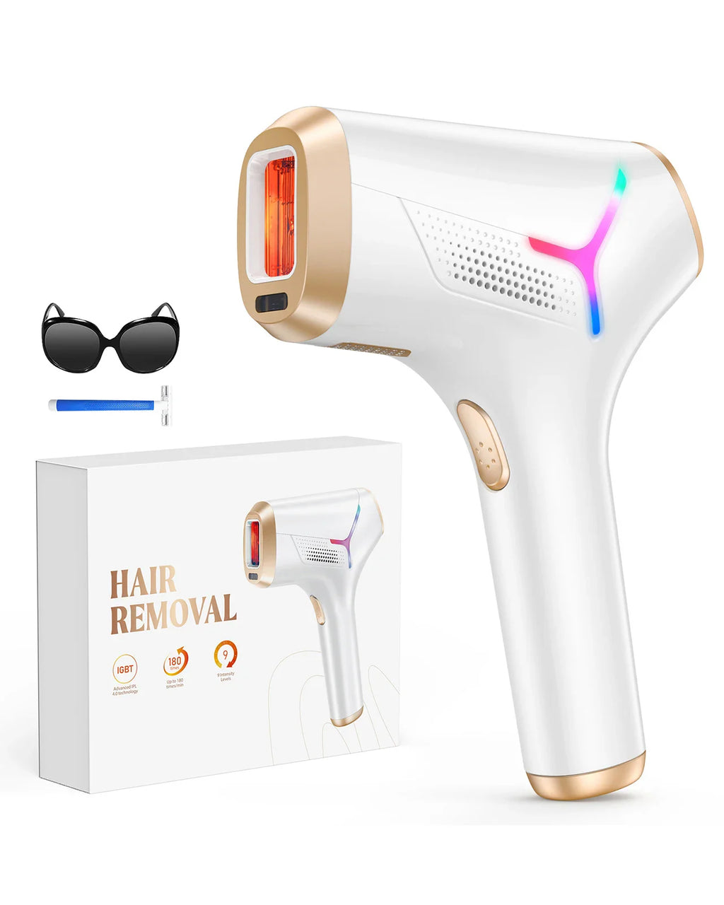 IPL hair removal device with accessories and product packaging