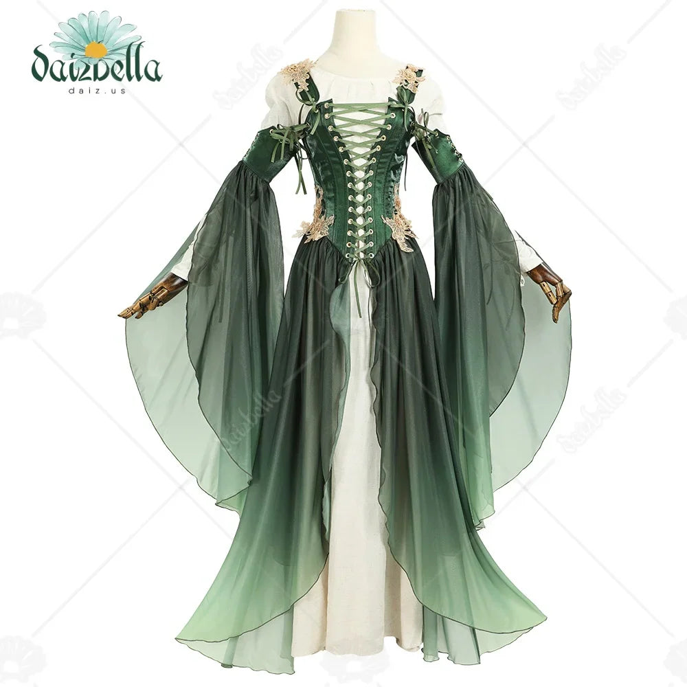 Green and cream renaissance medieval dress with corset bodice and flowing sleeves