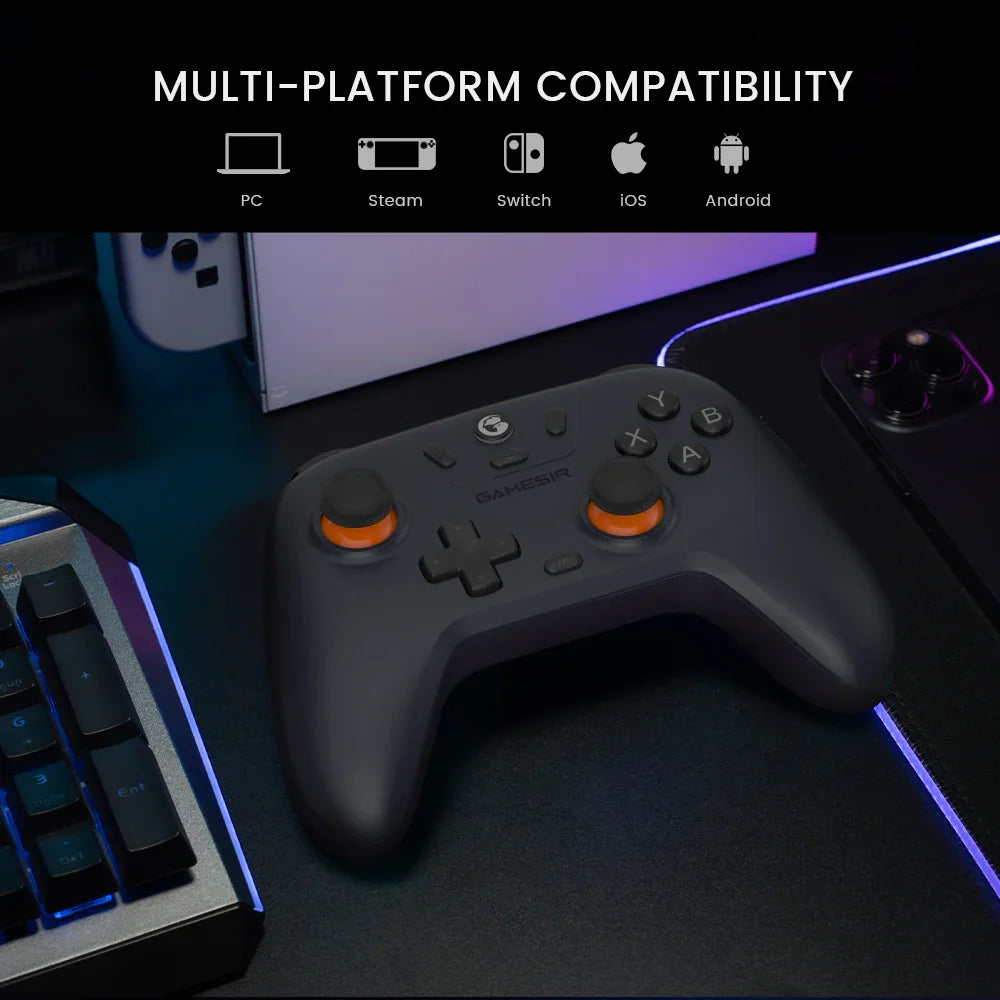 Wireless gaming controller with icons showing compatibility for PC, Steam, Switch, iOS, and Android