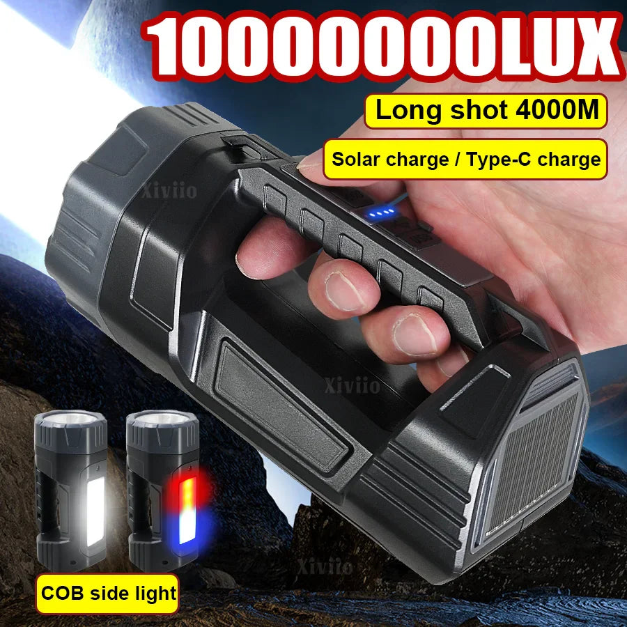Black rechargeable tactical LED flashlight with solar panel and power indicator display