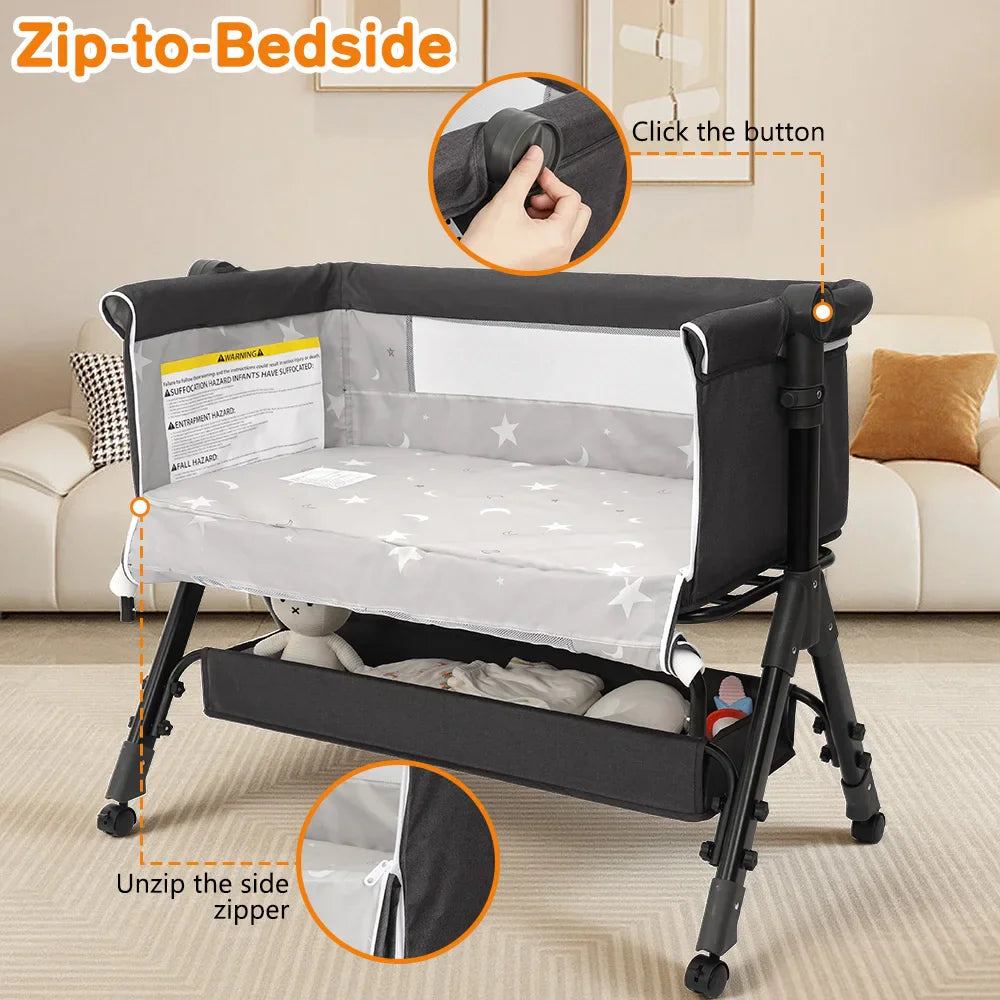 A grey baby bassinet with zippered sides to convert into a bedside sleeper, with call-out details on buttons and zippers.