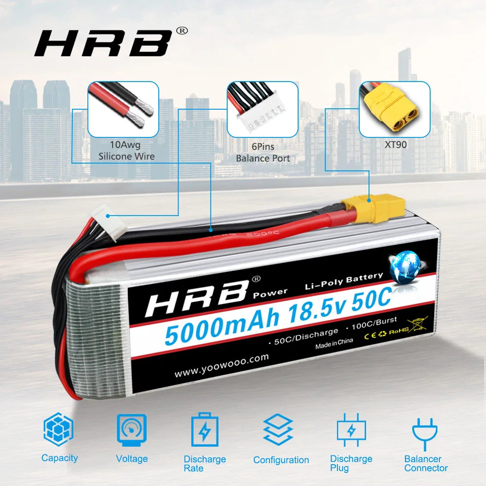 5000mAh 18.5V 5S Li-poly RC battery highlighting wire, balance port, and connector features