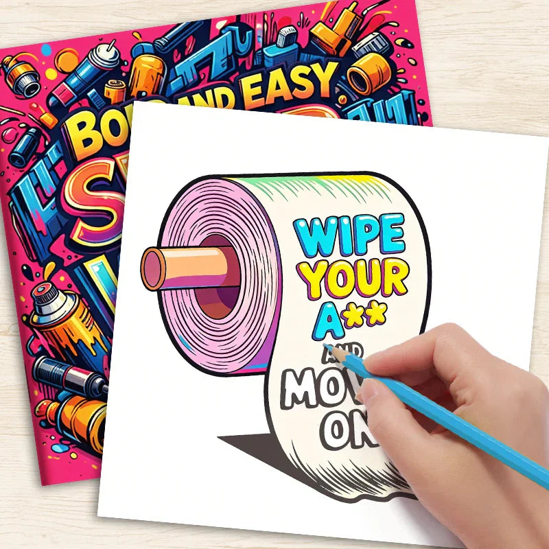 Adult swear word coloring book showing a toilet paper doodle being colored by hand