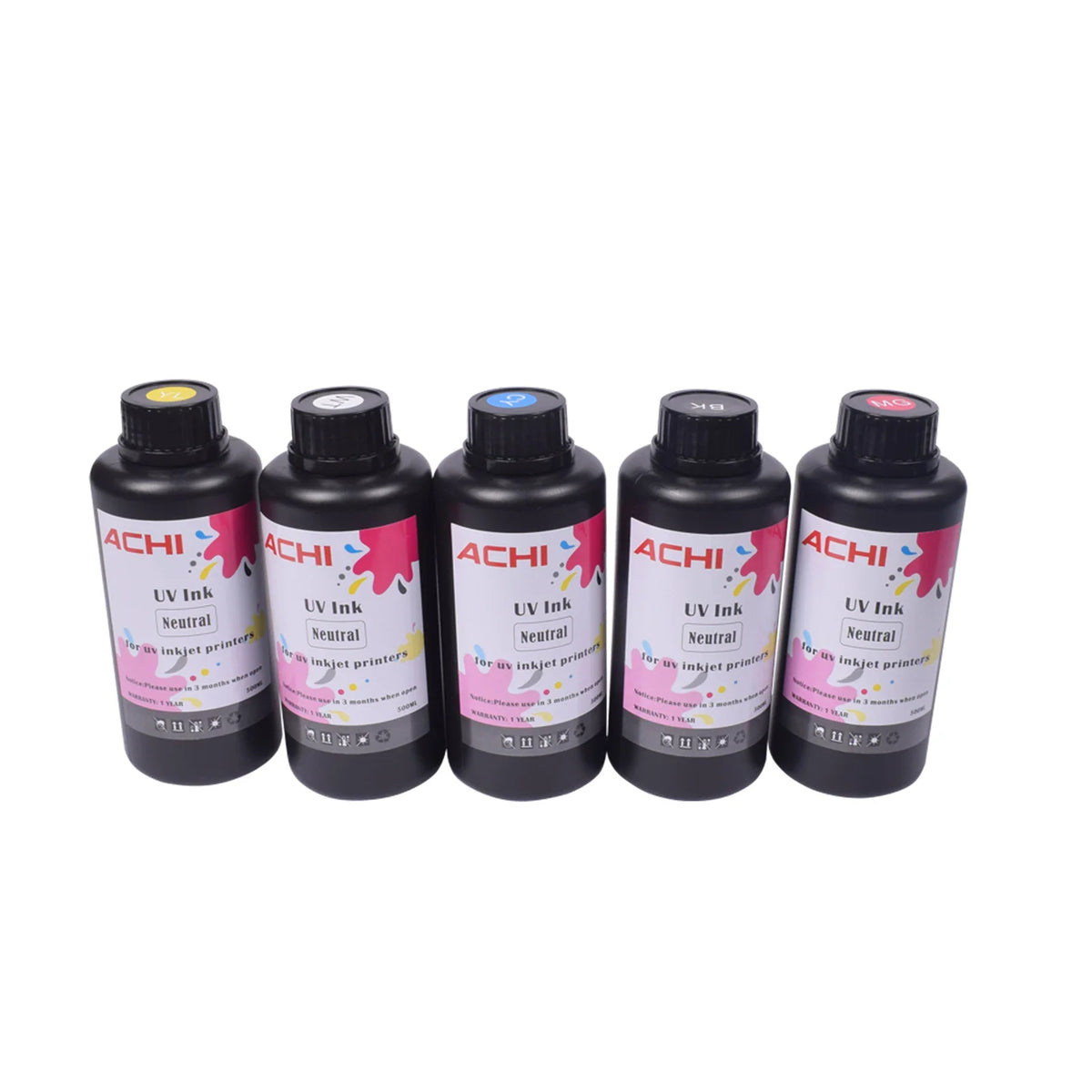 Five 500ml UV ink bottles in cyan, magenta, yellow, black and white