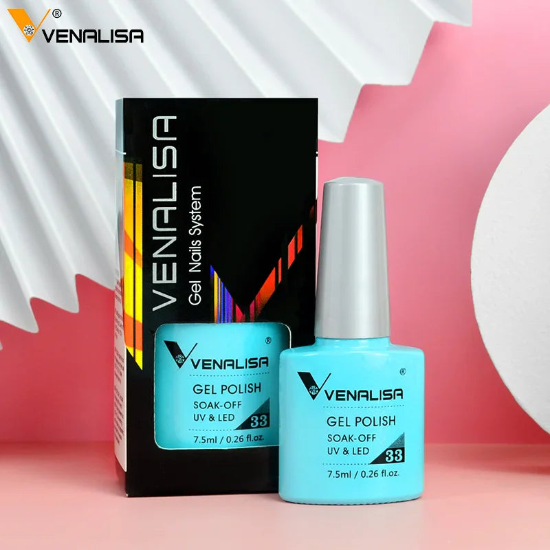 A single bottle of light blue gel nail polish next to its product box