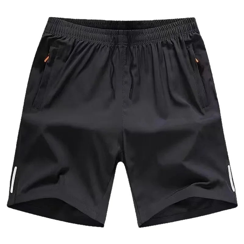 Dark gray athletic shorts with an elastic drawstring waist, side zip pockets, and reflective details