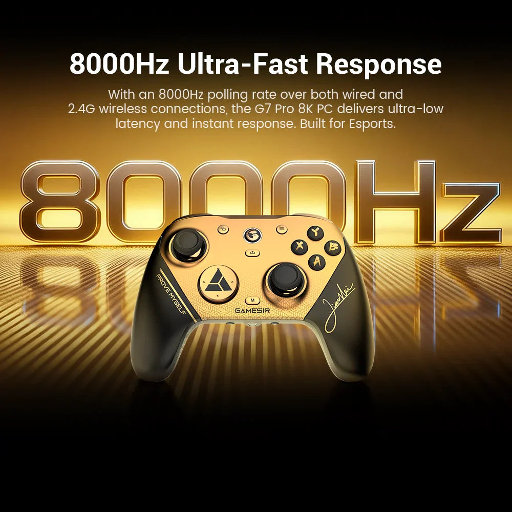Golden PC gaming controller with 8000Hz polling rate text overlay