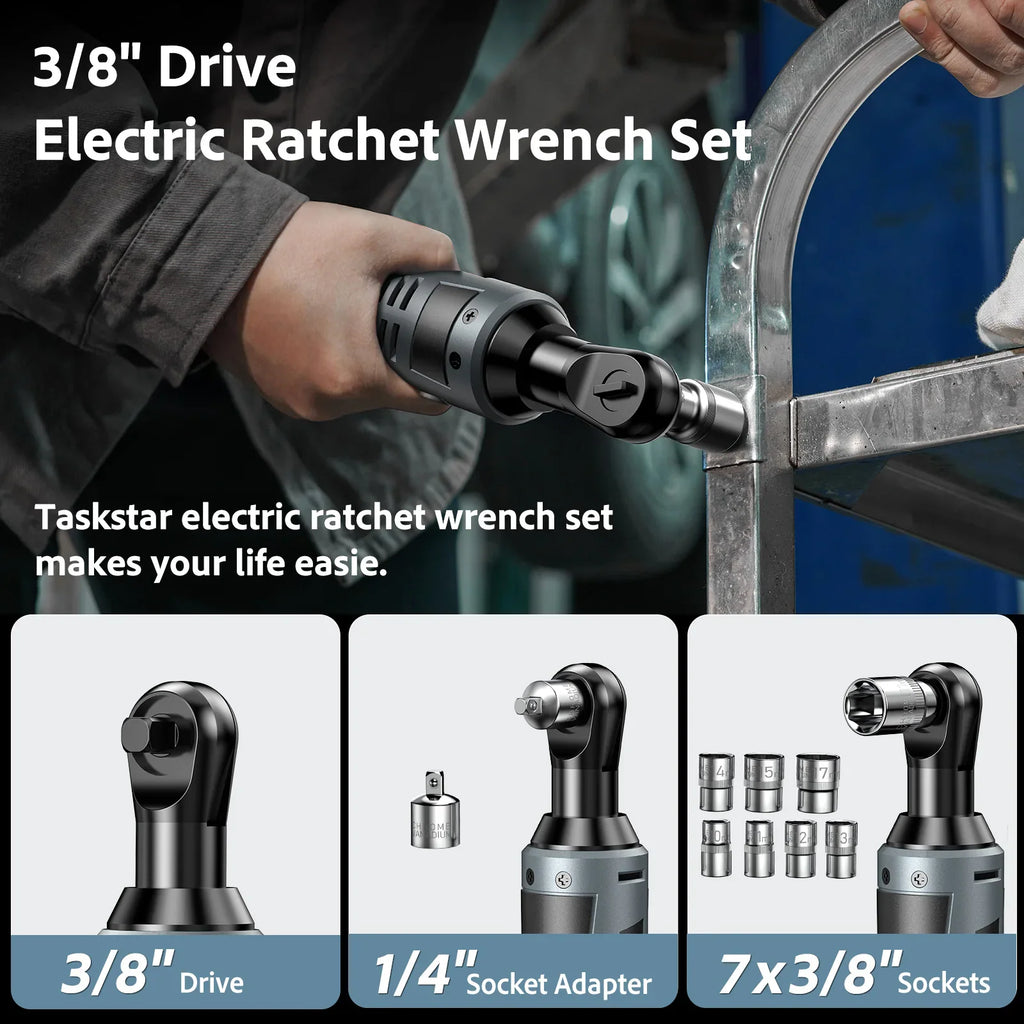 Cordless 3/8 inch electric ratchet wrench kit with multiple socket adapters shown in use