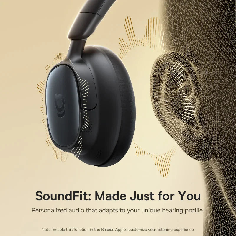 Black wireless headphones with personalized audio feature