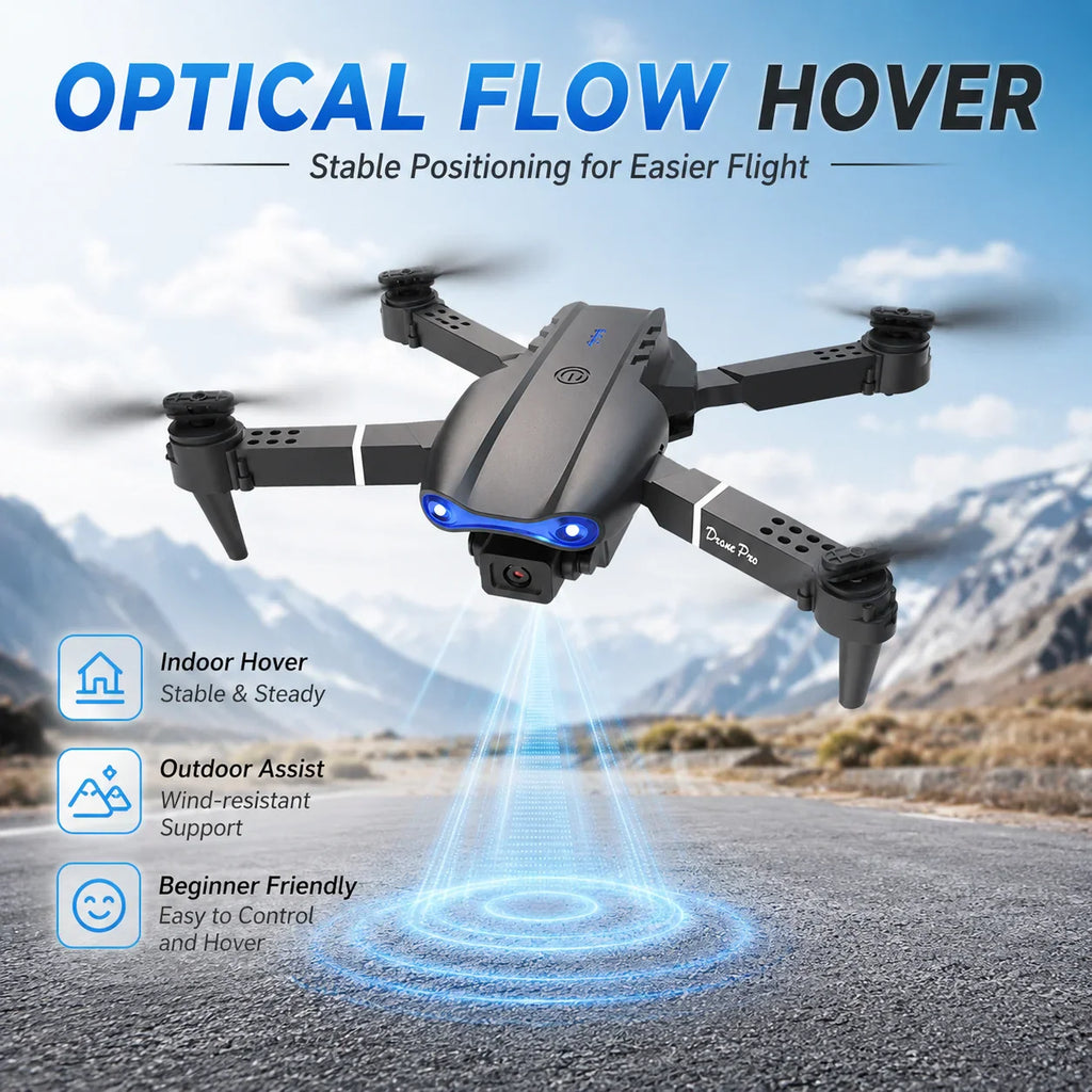 Foldable drone with optical flow hover feature over a paved road.