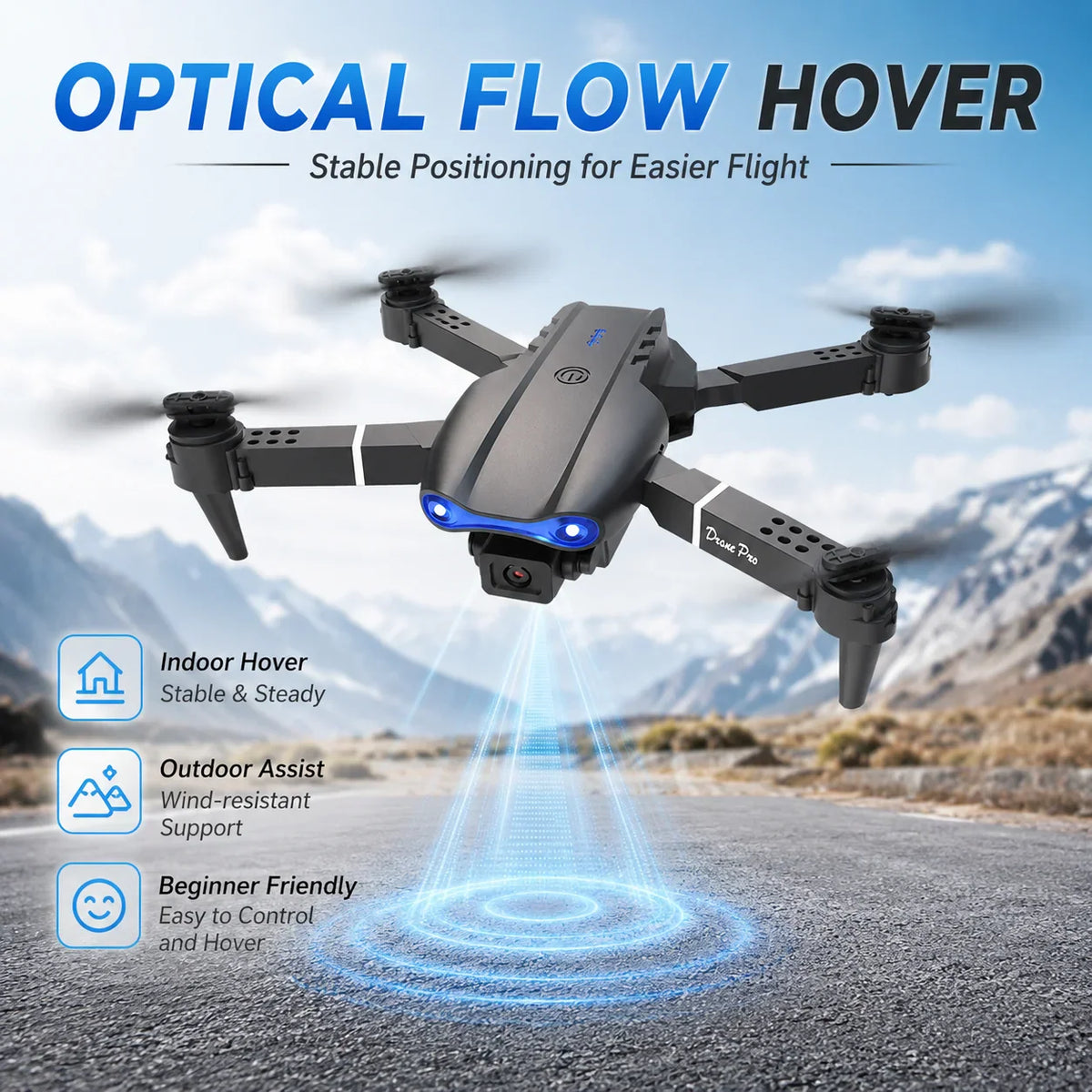 Foldable drone with optical flow hover feature over a paved road.