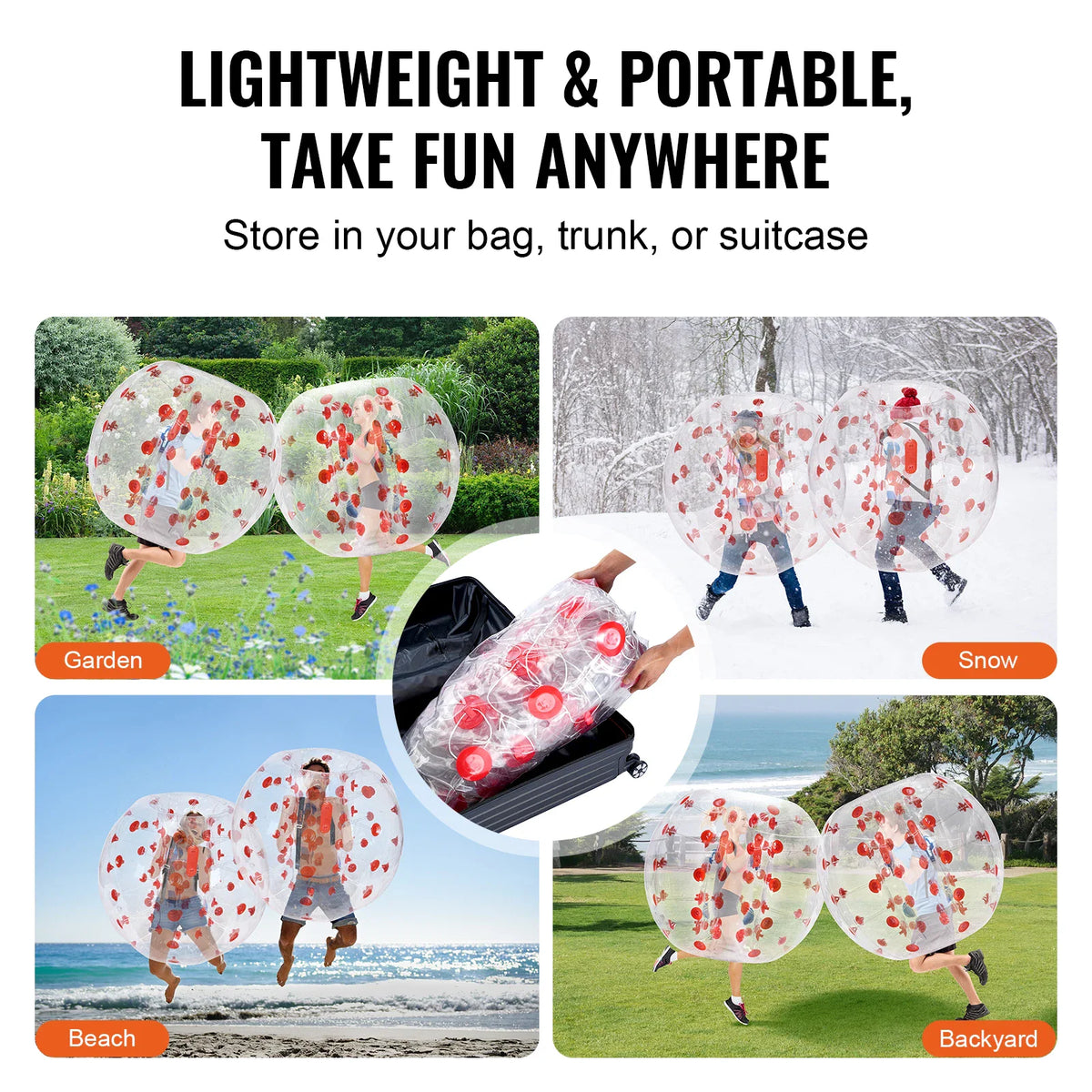Inflatable bumper balls being used in various outdoor settings and packed into a suitcase