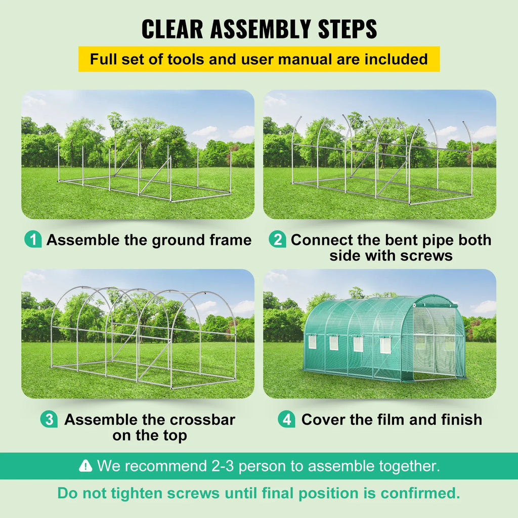 Infographic showing step-by-step assembly instructions for a tunnel greenhouse.