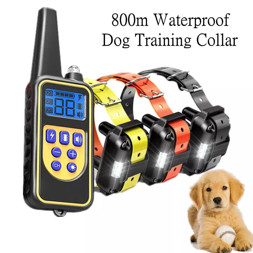 Waterproof dog training collar set with handheld remote and multiple color collars with a small puppy holding a ball.