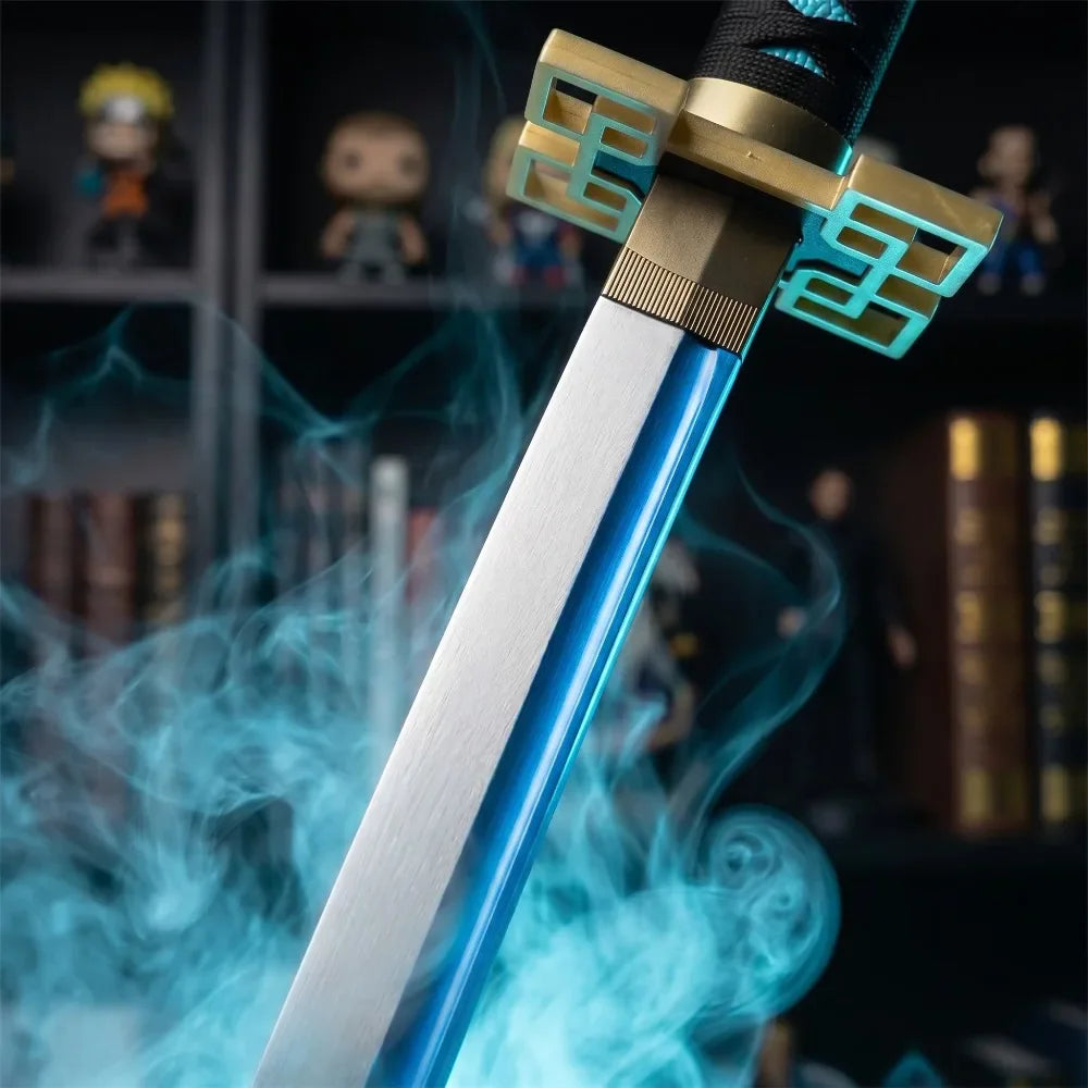 Replica Japanese sword with blue glowing mist and gold square hilt guard
