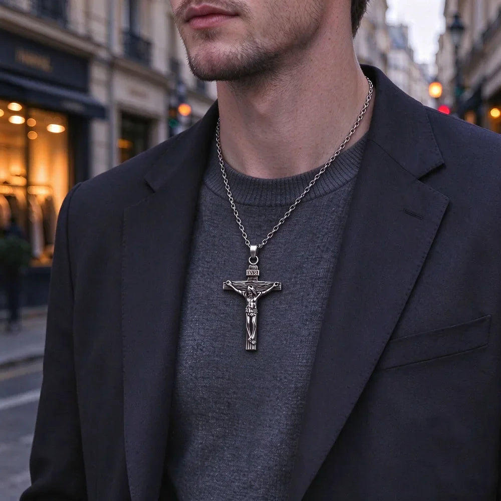 Man wearing a silver crucifix pendant necklace with chain