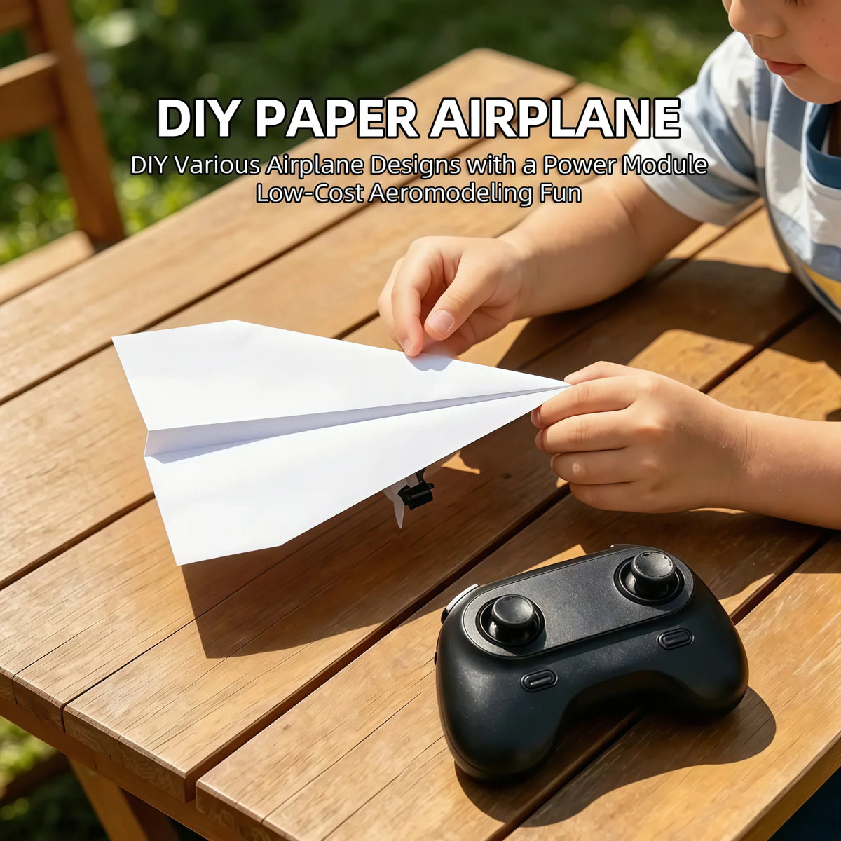 Child building a DIY RC paper airplane at a wooden table