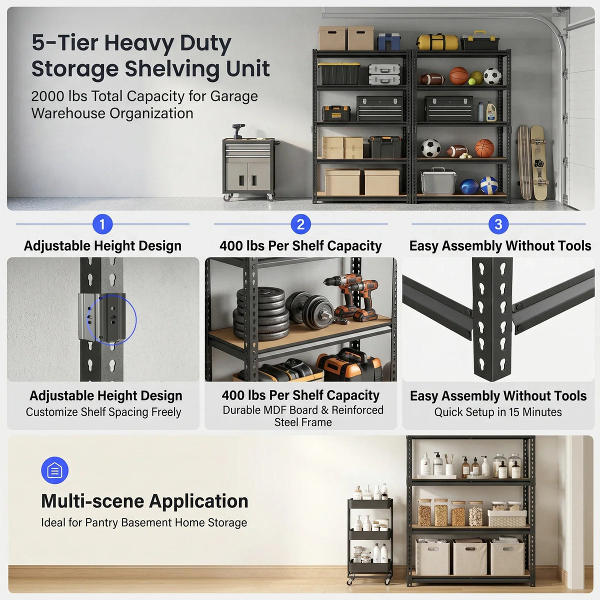 Features of a 5-tier storage unit showcasing adjustable height, load capacity, and simple assembly