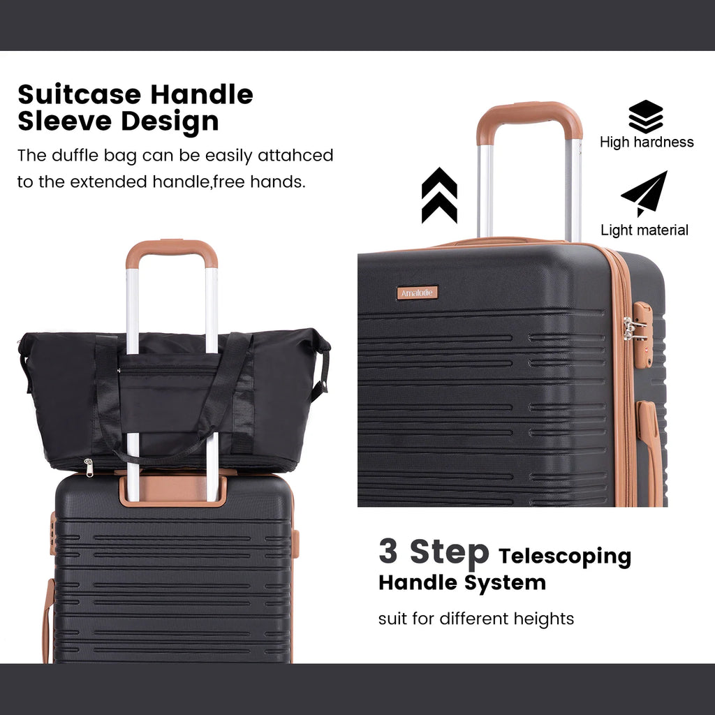 Duffle bag mounted on a suitcase telescopic handle, illustrating the pass-through sleeve design and handle system.