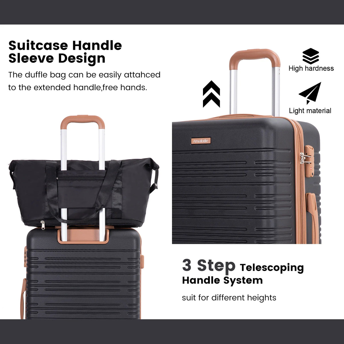 Duffle bag mounted on a suitcase telescopic handle, illustrating the pass-through sleeve design and handle system.