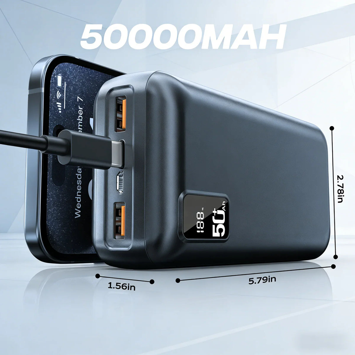 Portable power bank with dimensions showing length, width and height in inches
