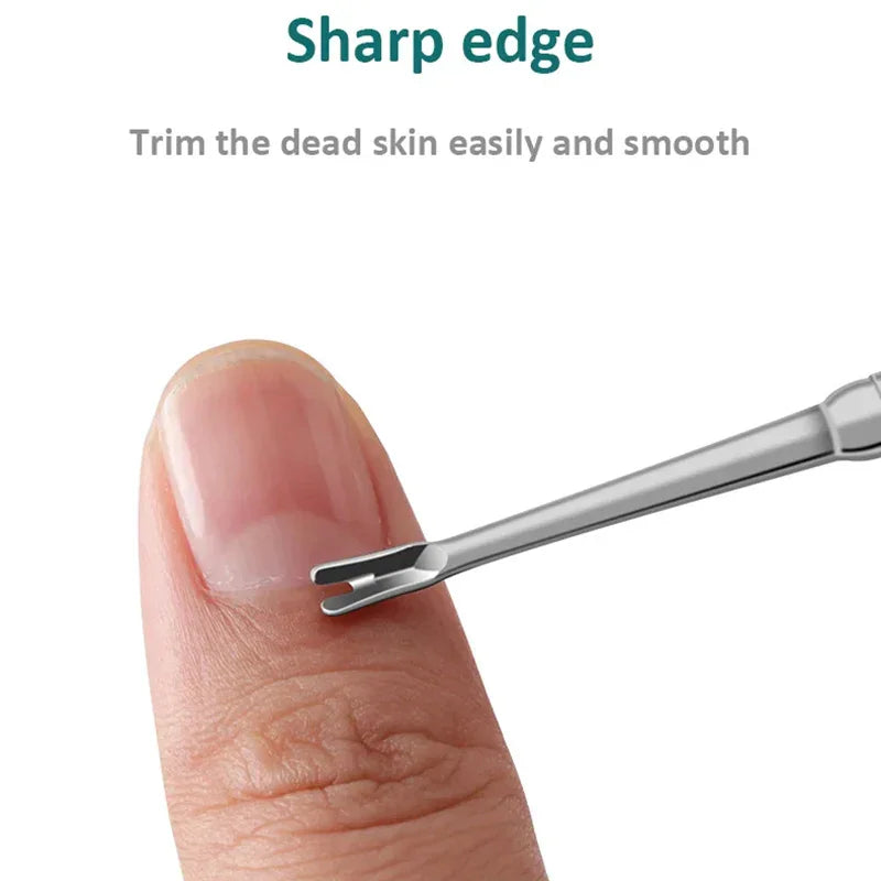 Sharp-edged stainless steel cuticle trimmer tool being used on a fingernail