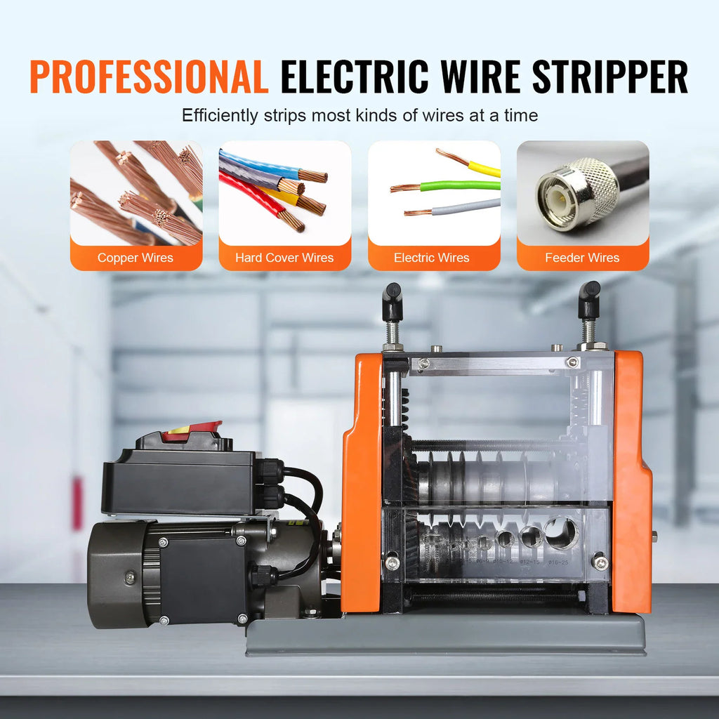 Electric wire stripping machine showing various types of wires it can process.