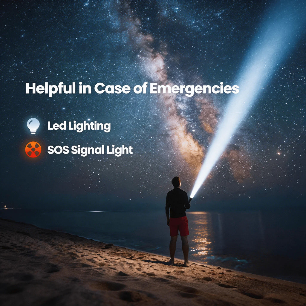 Man standing on a beach at night holding a portable fan with a bright flashlight beam