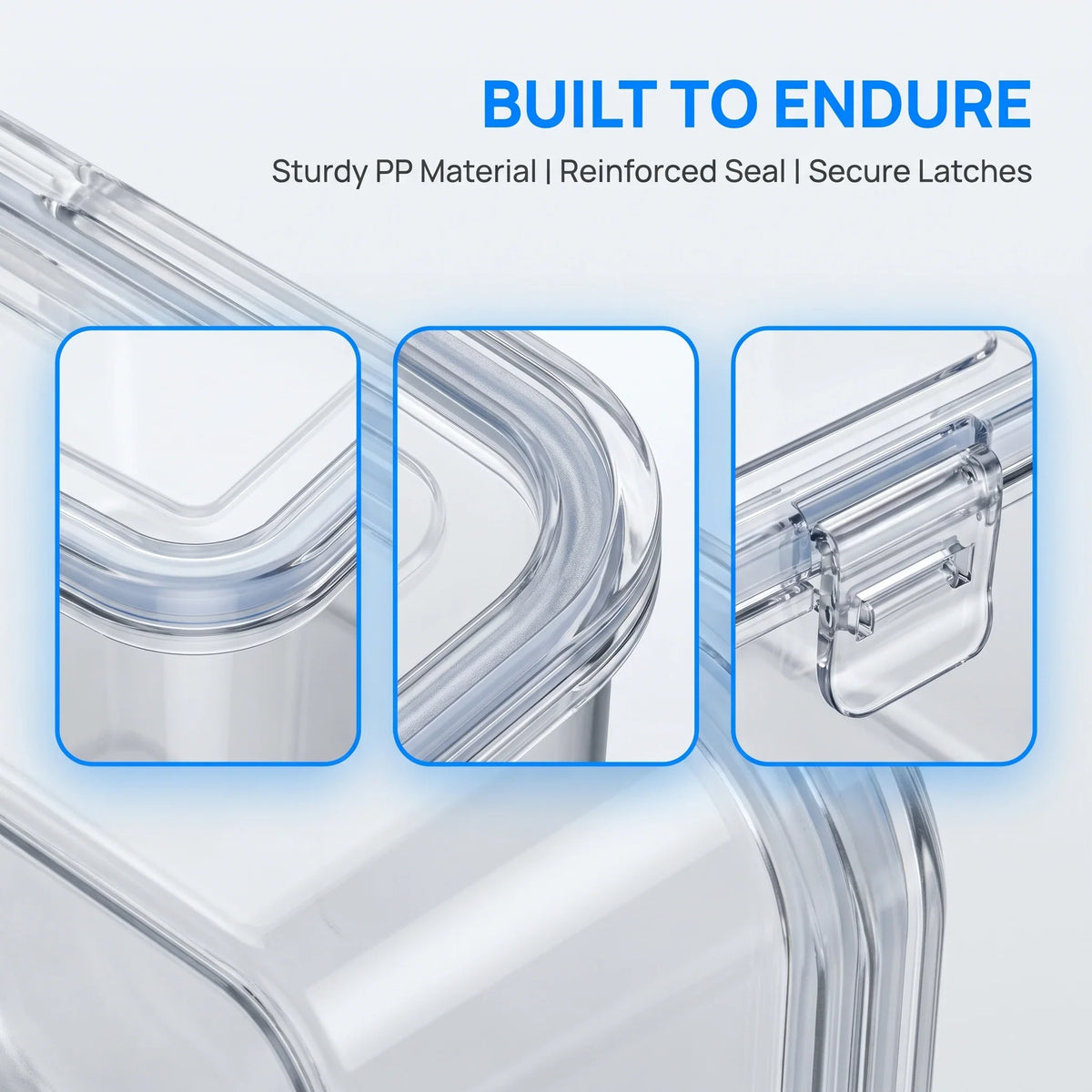 Close-up features of airtight clear plastic storage containers for 3D printer filaments