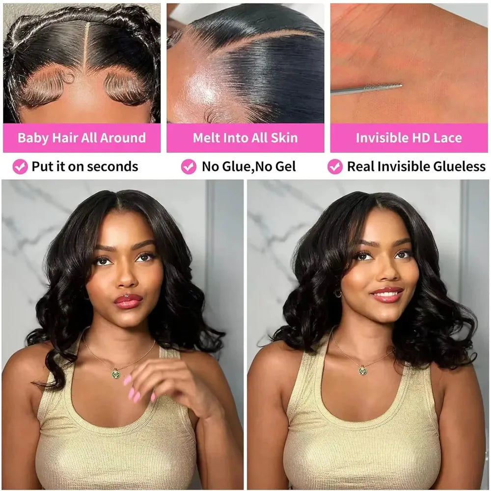 Close-up features of a black wavy lace front wig including invisible HD lace and baby hairs.