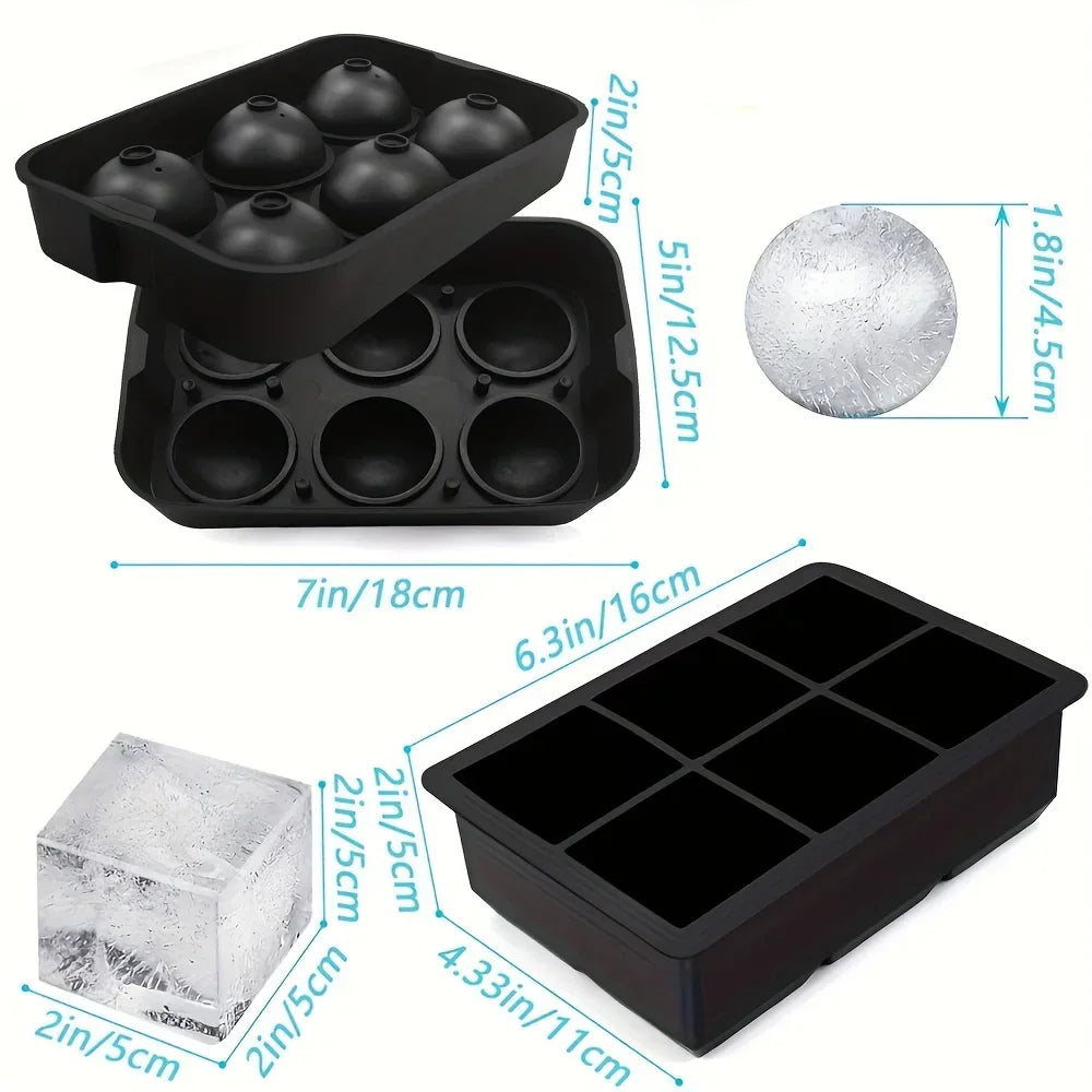 Silicone ice sphere and cube mold trays with dimensions labeled on the image